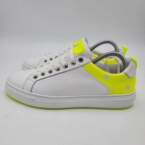 MCM Women's $520 White Neon Yellow Visetos Low Top Sneakers Shoes US 8.5 EU 39